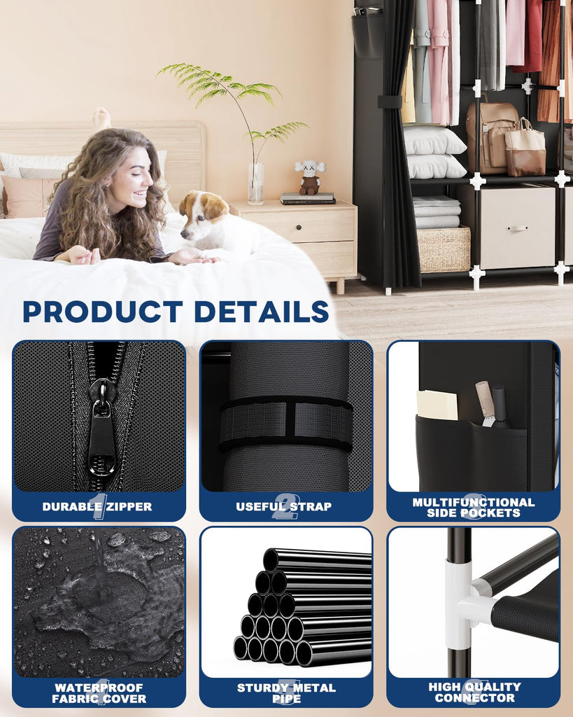 Clothes Organizer with 4 Hanging Rods, Portable Closet Wardrobe, Non-Woven Fabric Cover, Large Capacity Storage