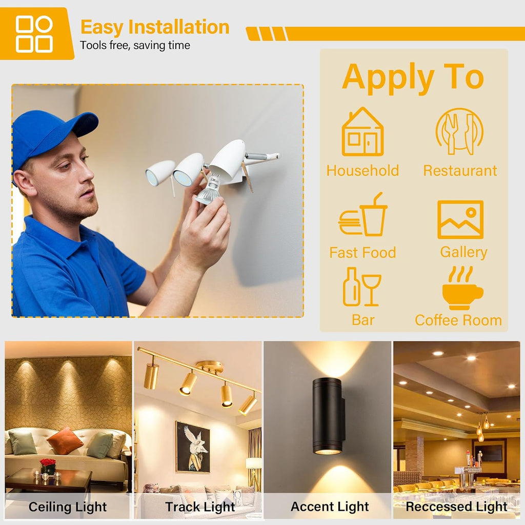 GU10 LED Light Bulbs, 50 Watt Halogen Equivalent, 2700K Warm White GU10 Bulb Replacement for Track&Recessed Lighting