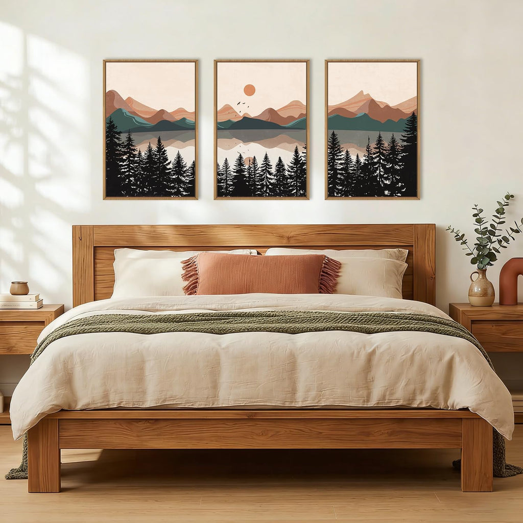 Boho Mountain Sunset Framed Canvas Wall Art Set,Colorful Mid Century Forest Wall Decor,Beige Nature Pine Tree Art