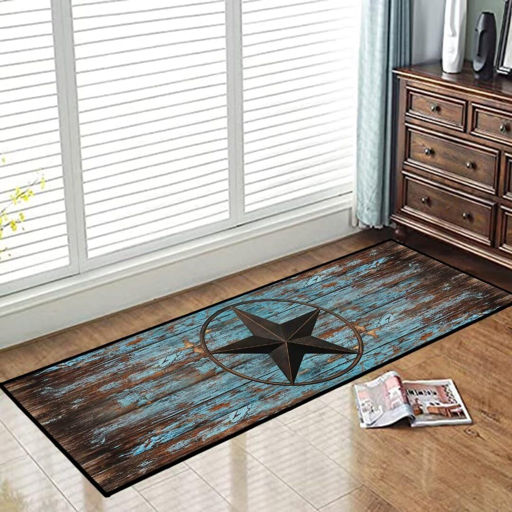Western Hallway Runner Rug 2x6,Western Barn Texas Star on Old Wooden Plank,Rustic Throw Accent Area Rug Non Slip