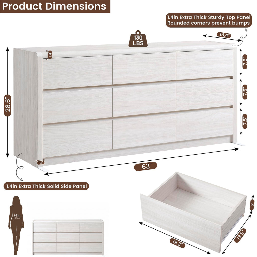 63" Wide Large with 9 Drawers, White, Mid Century Modern & Chest of Drawers, Rounded Corner, Wood Storage Organizer