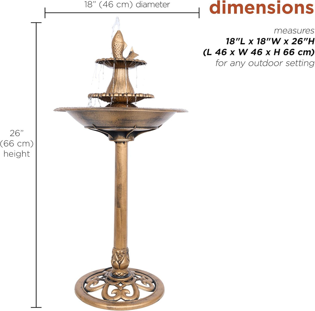 40" Tiered Pedestal Fish Fountain Birdbath, Cascading Outdoor Water Feature Décor, Gold