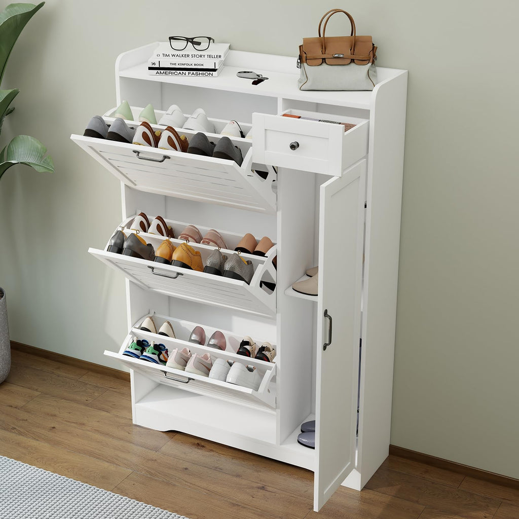 Shoe Storage Cabinet with 3 Flip Drawers, Freestanding Hidden Wooden Shoe Storage, Drawer & Adjustable Shelves, Slim