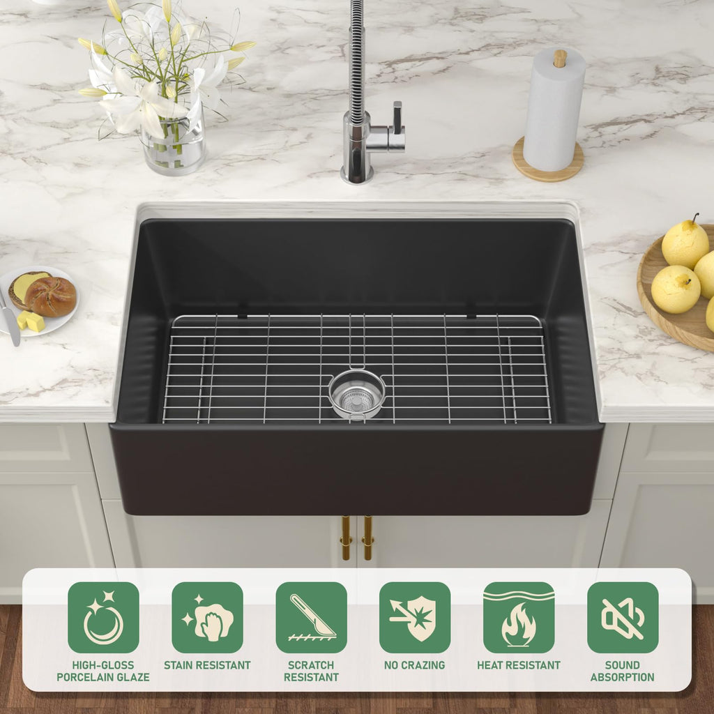 Black Fireclay Farmhouse Sink - 33 Inch Matte Black Apron Front Farm Sink Porcelain Farms House Style Single Bowl