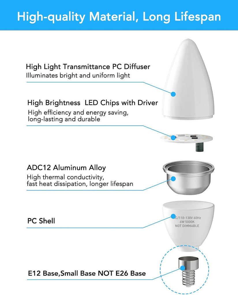 B11 E12 6W LED Candelabra Bulb 600lm 5000K