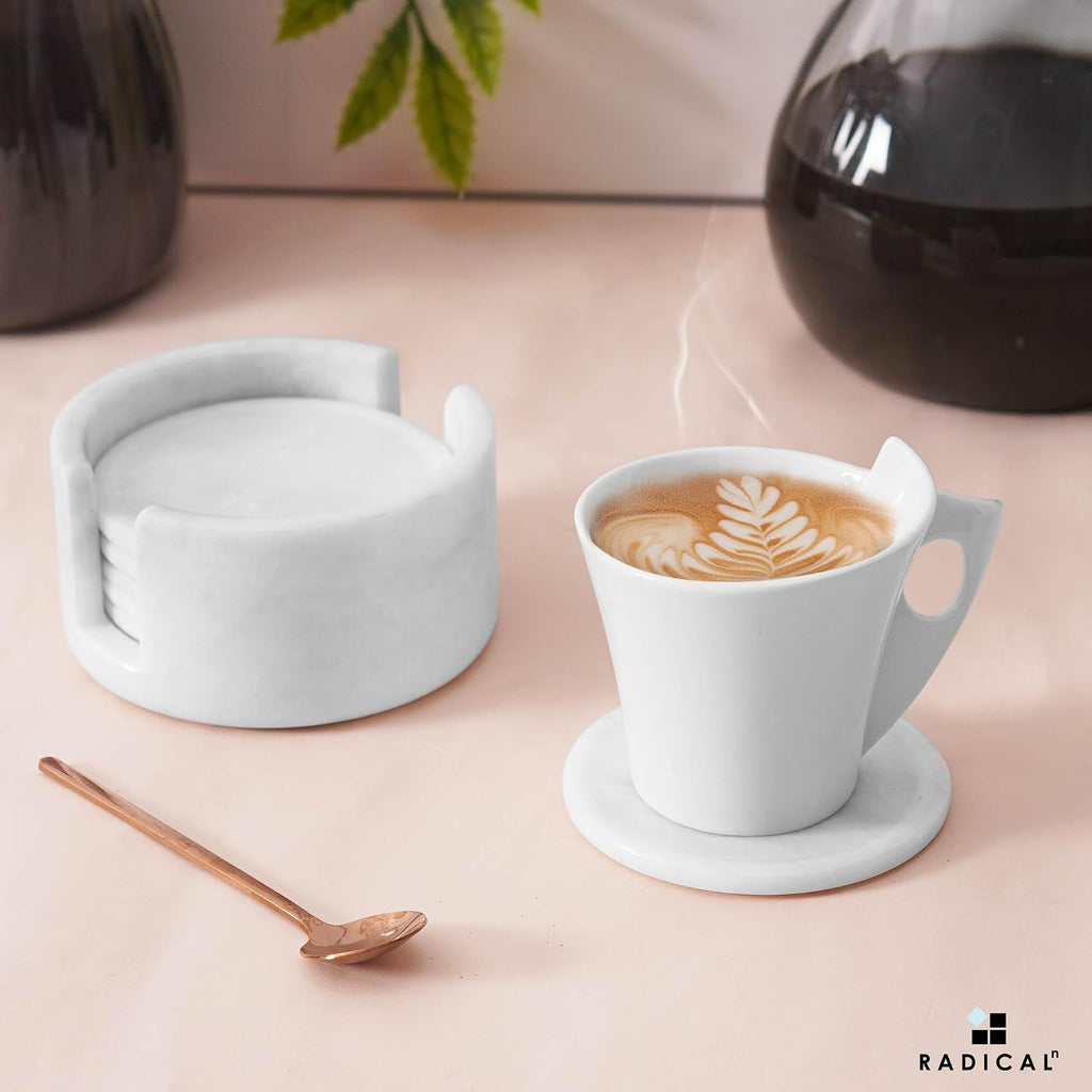 Round Marble Coasters with Holder - White Stone 3.5 Inch - Set of 6