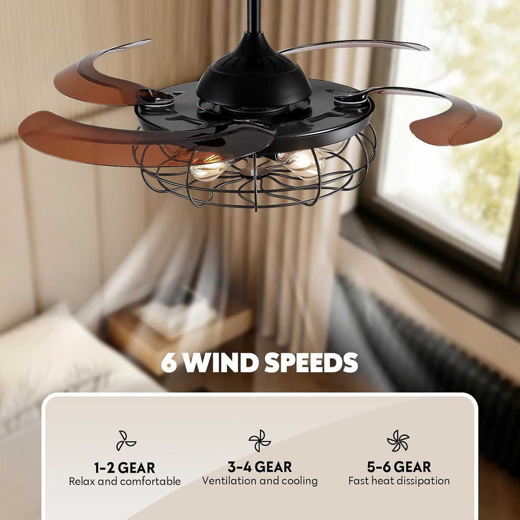 48" Industrial Caged Ceiling Fan with Light and Remote, Vintage Retractable Blades Ceiling Fan with Lights, Farmhouse