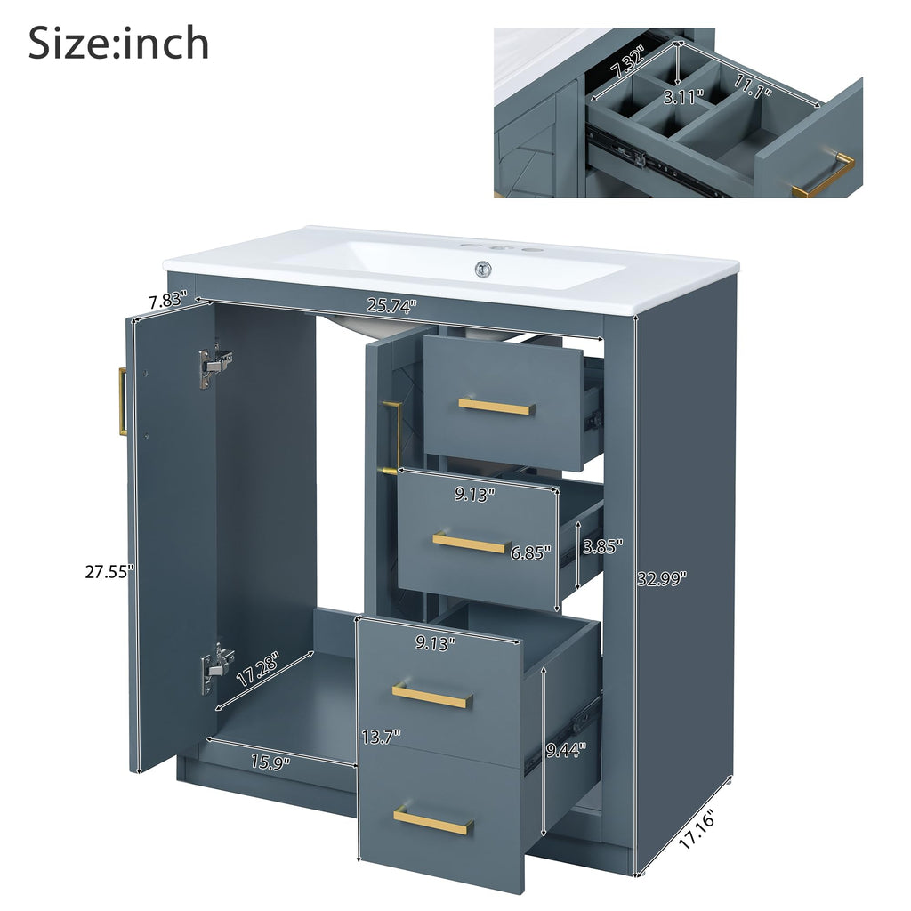 30 Inch Blue-Grey Bathroom Vanity with Sink & Gold Handles, Light Luxury