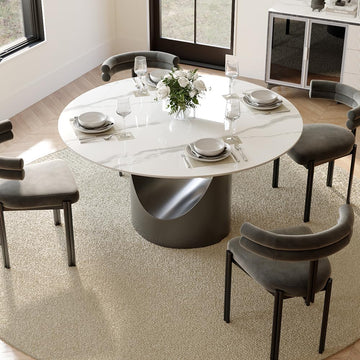 Round Dining Table for 4, 51" Glossy White Sintered Stone Top Dining Table with Grey Carbon Steel Pedestal, Modern