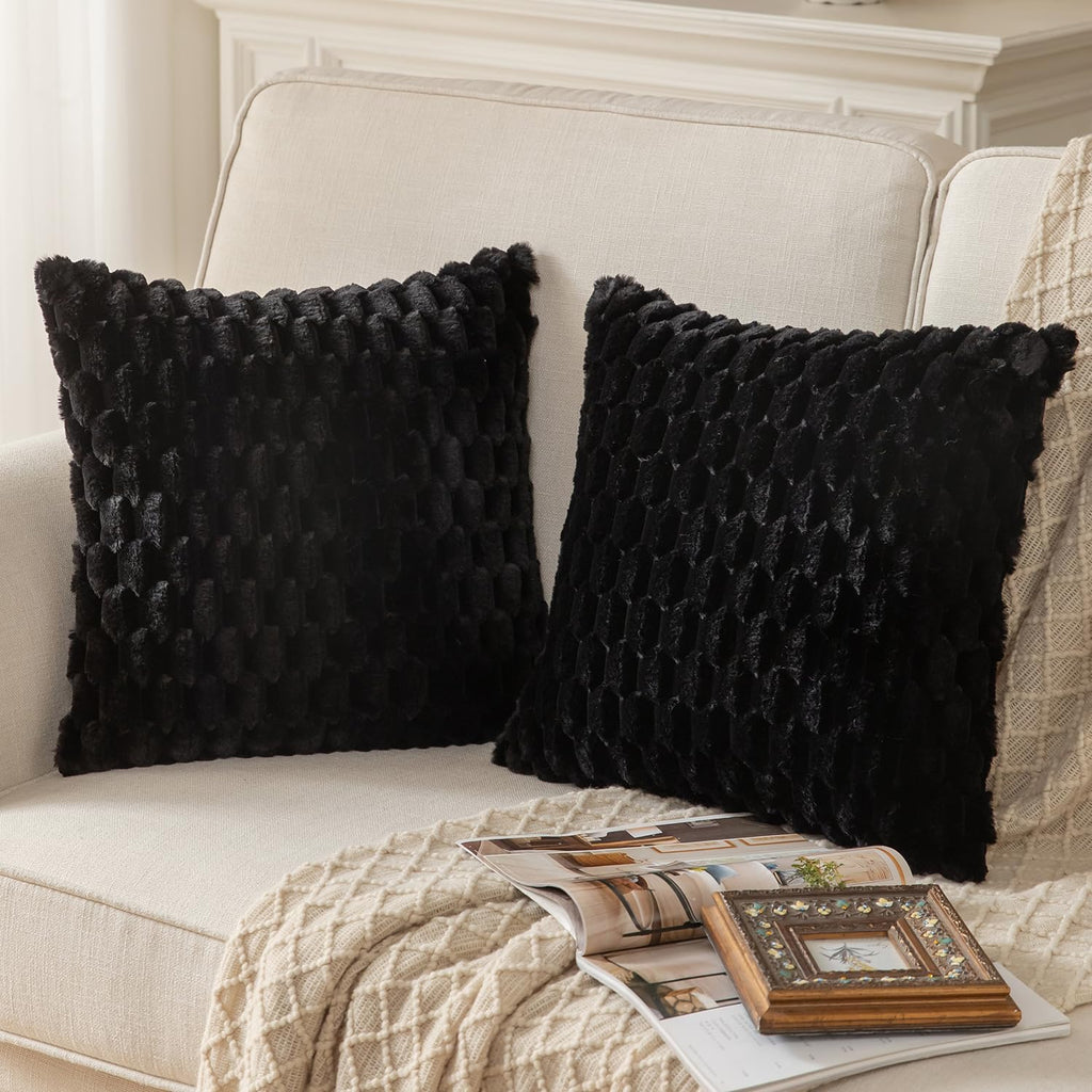 Pack of 2 Black Super Soft Plush Fluffy Decorative Throw Pillow Covers 18x18 inch Faux Fur Wool Velvet Cushion Covers