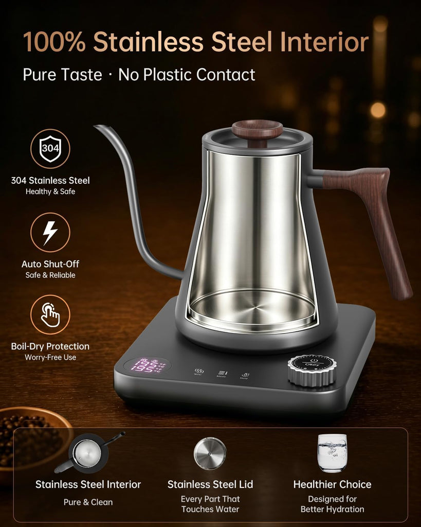 Gooseneck Electric Kettle with Temperature Control, 0.9L, Gray Wood | ±1°F Precision Pour Over Kettle, LCD Dual