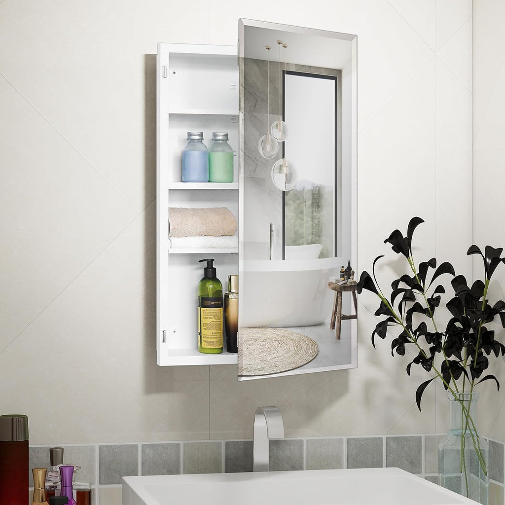White Metal Medicine Cabinet, 18 x 30 Beveled Mirror, Surface Mount Storage | 18 x 30 Mirrored Medicine Cabinet with