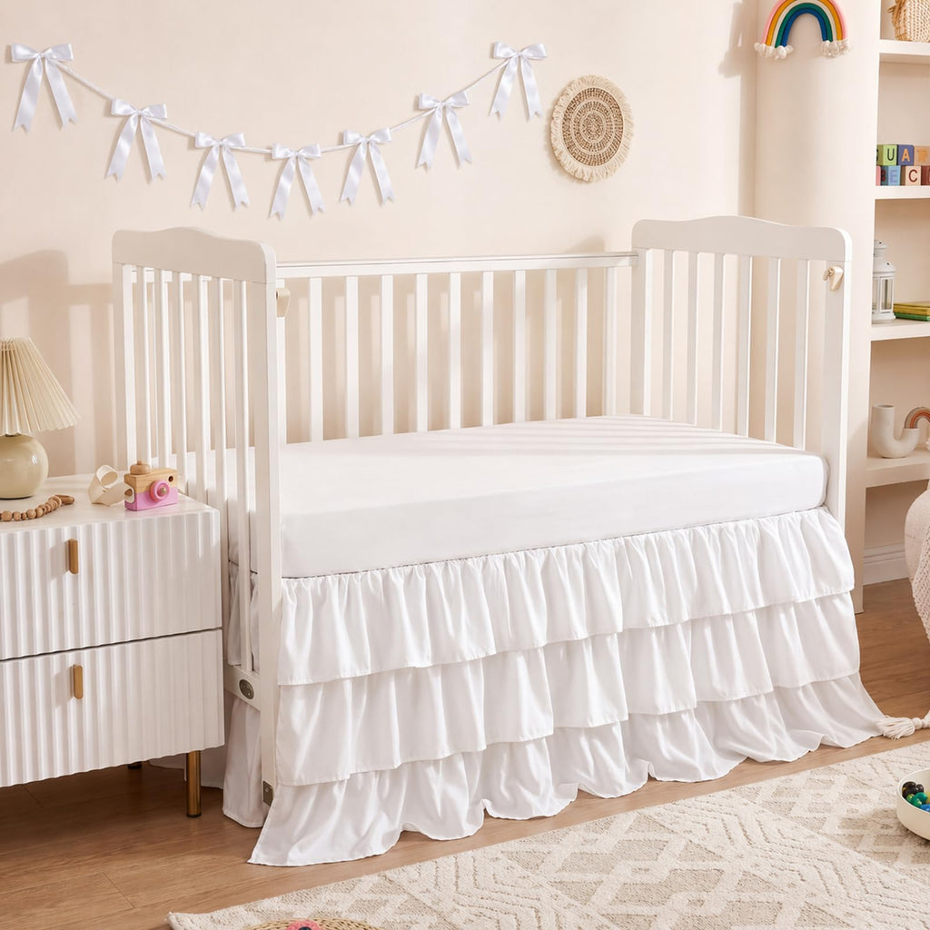 Extra Long White Ruffled Crib Skirt with 8 Pcs Cot Bow