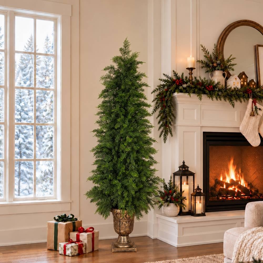 4ft UV Resistant Topiary Trees Artificial Outdoor with Urn Planter & Soft Real Touch Leaves, 48in Lifelike Faux Cedar