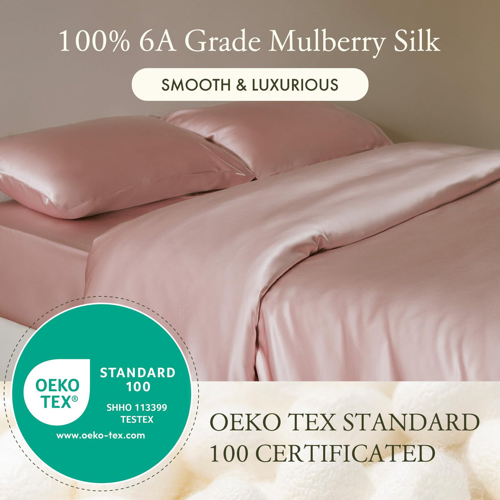 3PC Fitted Sheets Set - 100% Mulberry Silk, 2 Pillowcases, 1 Fitted Sheet - 16 Inch Deep Pocket, 19 Momme - Rosy