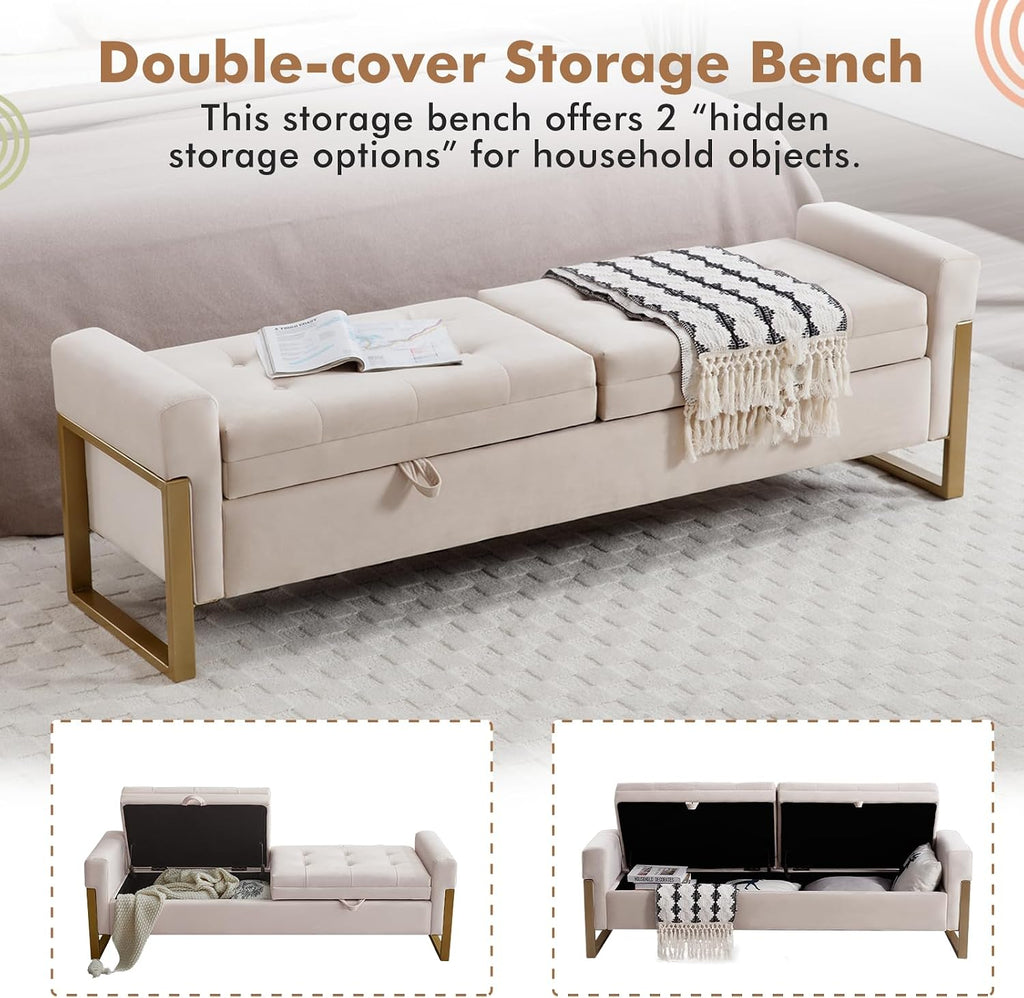67" Storage Bench End of Bed, Velvet King Size Bed Bench with Double Lids and Gold Legs, Storage Ottoman Bench with