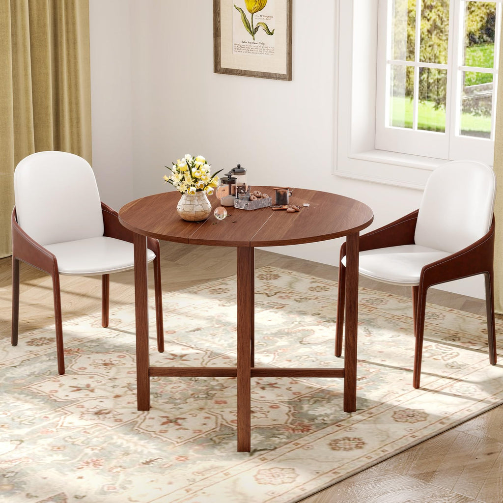 36" Folding Dining Table for 2-4, Round Drop Leaf Kitchen Table with Solid Wood Legs, Space Saving Extendable Table