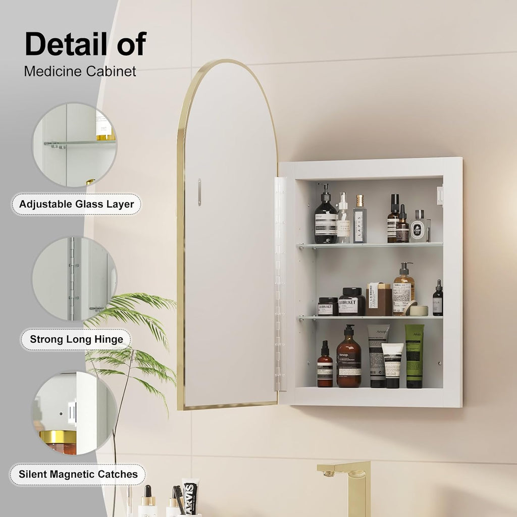 Recessed Medicine Cabinet,Arched Medicine Cabinet with Mirror | Brushed Gold Metal Edge,3 Adjustable Glass
