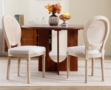 Farmhouse Dining Chairs Set of 2, Round Rattan Back French Country Dining Room Chairs Vintage Fabric Upholstered