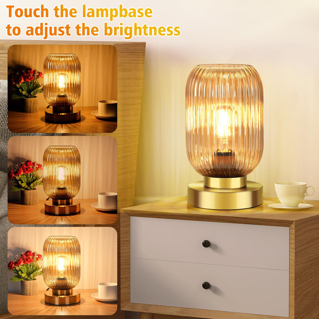 Mid Century Modern Table Lamp with Amber Ribbed Glass Shade, Touch Control & 3 Way Dimmable, Small Gold, Vintage