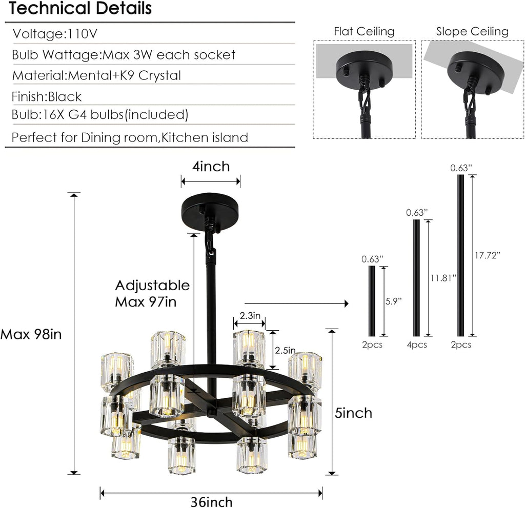 Black Wagon Wheel Chandelier, 18" Modern Farmhouse Chandelier, 16-light Chandelier for Living Room, K9 crystal Chandeliers for Dining Room ,Rustic Round Hanging Light Fixture(bulbs included) A117-B0D7TDCJK8