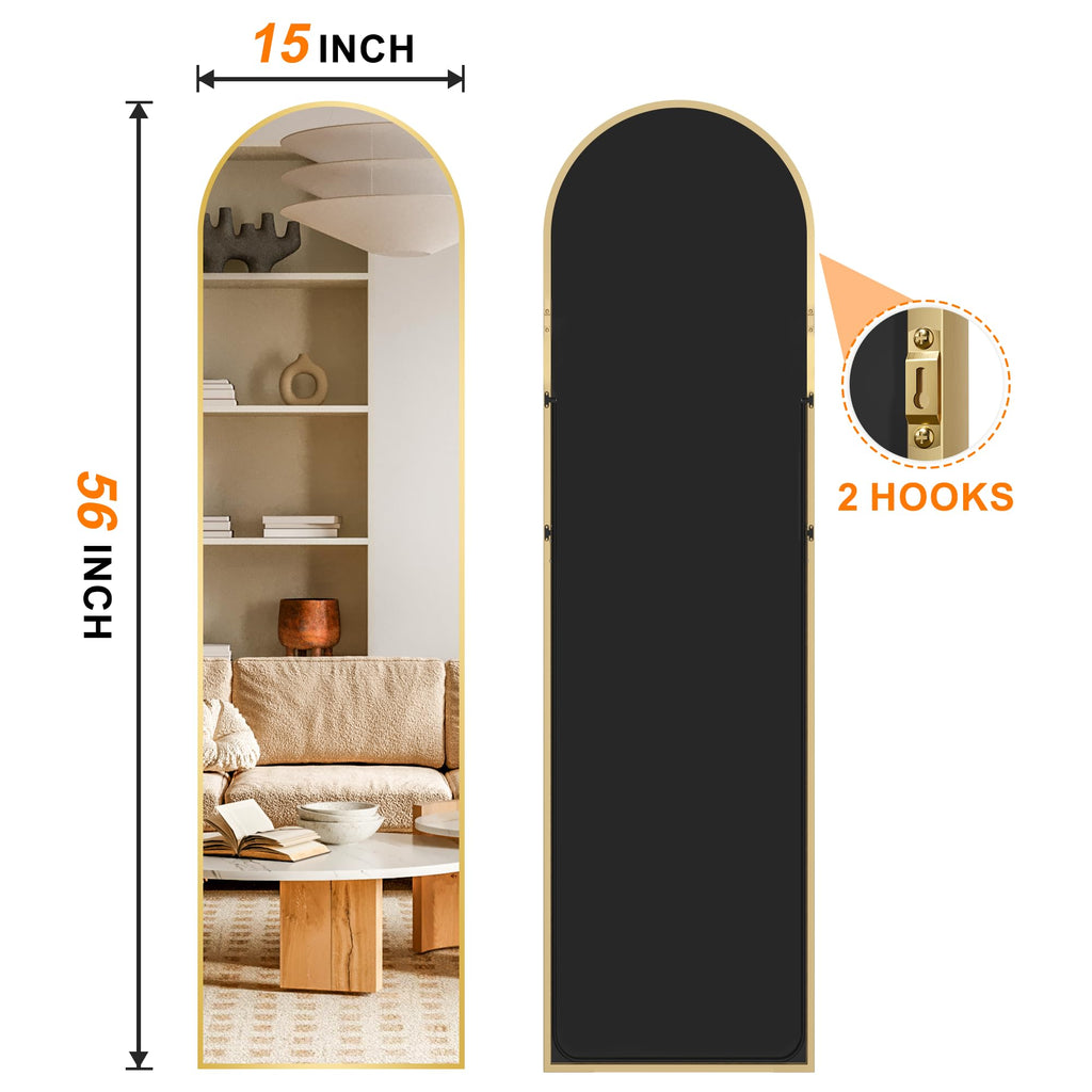 Arched Full Length Mirror, 56"x15" Standing Body Mirror for Wall, Gold