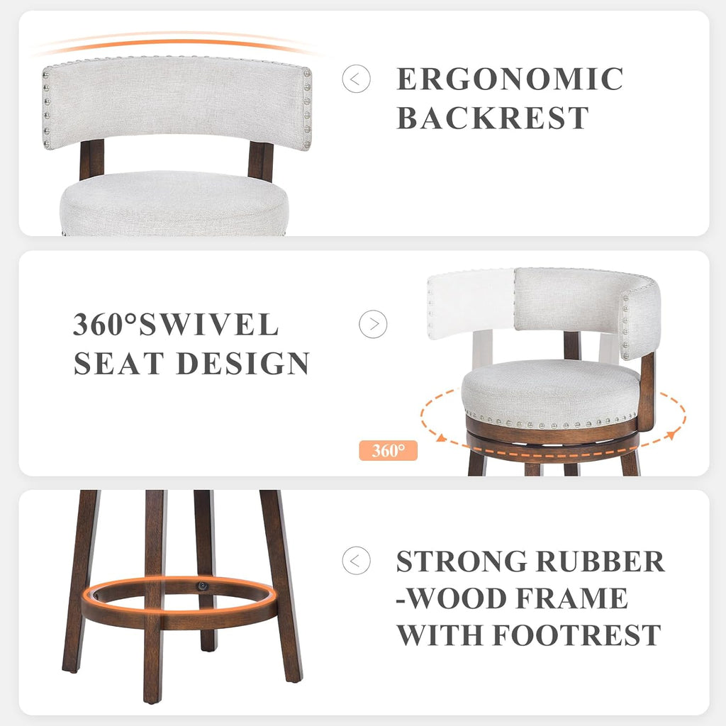 Swivel Counter Height Bar Stools Set of 3, 25 Inch Modern Upholstered Kitchen Island Barstools with Back, Wood Swivel