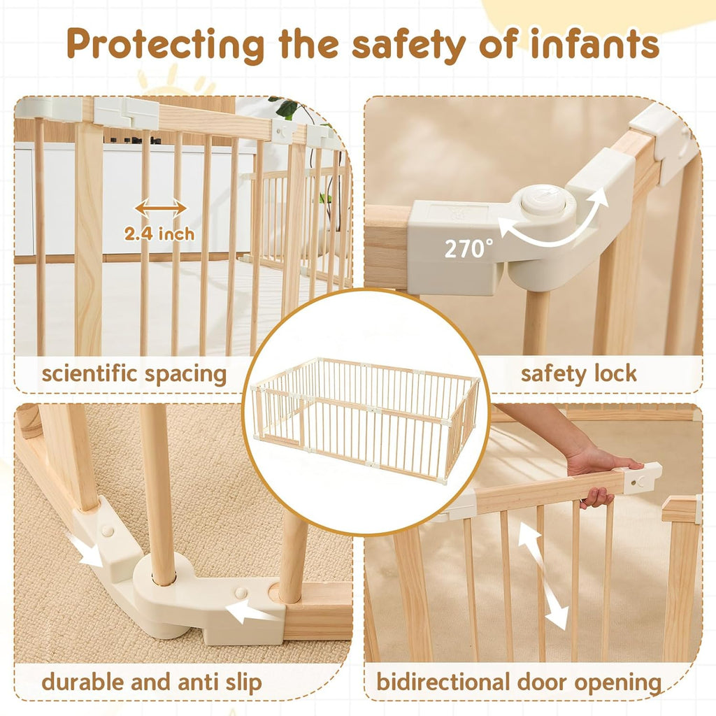 Baby Playpen, Foldable Wooden Play Yard with Gate | Adjustable Activity Center, Child Proof Lock, Expandable