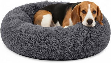Calming Donut Dog Bed, Washable Faux Fur, Medium, Grey