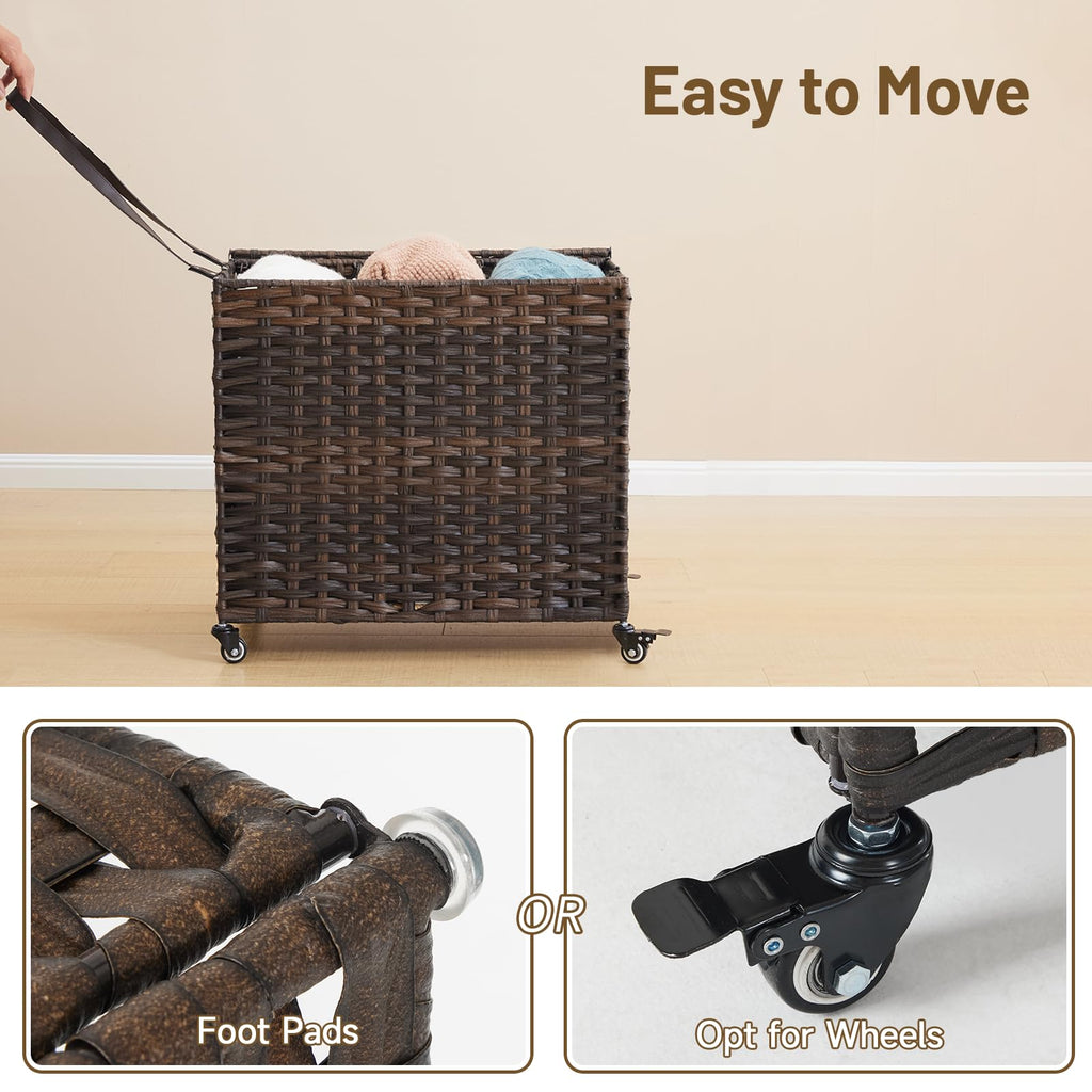Hamper with Wheels, 34.3 Gallon(130L) Rolling Laundry Basket with Lid, 3-Section Rattan Clothes Hamper with 3