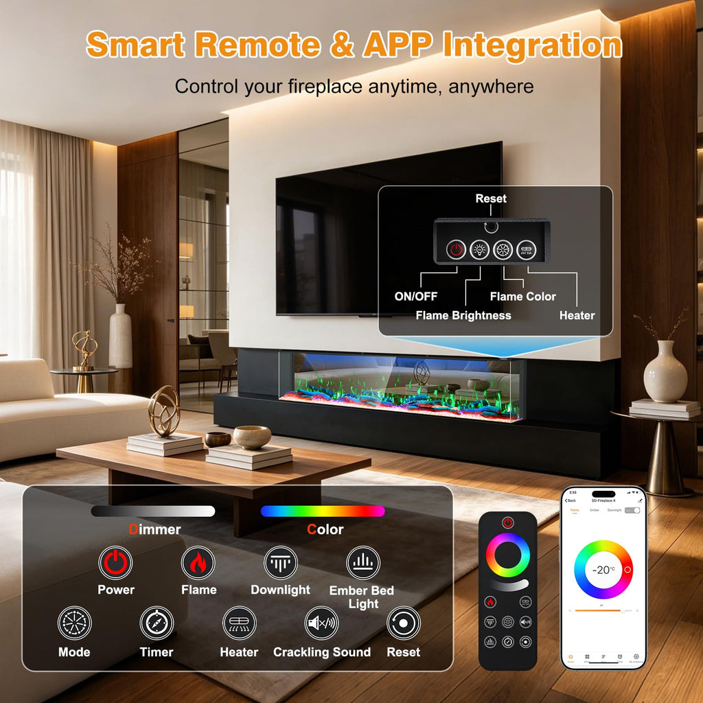3-Sided Smart 80" 3D Mirrored Electric Fireplace Build in Heater