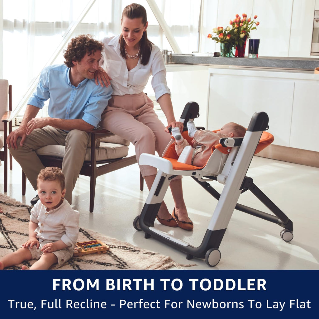 PEG Siesta, Grow with Baby Folding High Chair & Recliner, Astral | Height Adjustable, Quick Clean & Easy Push Wheels
