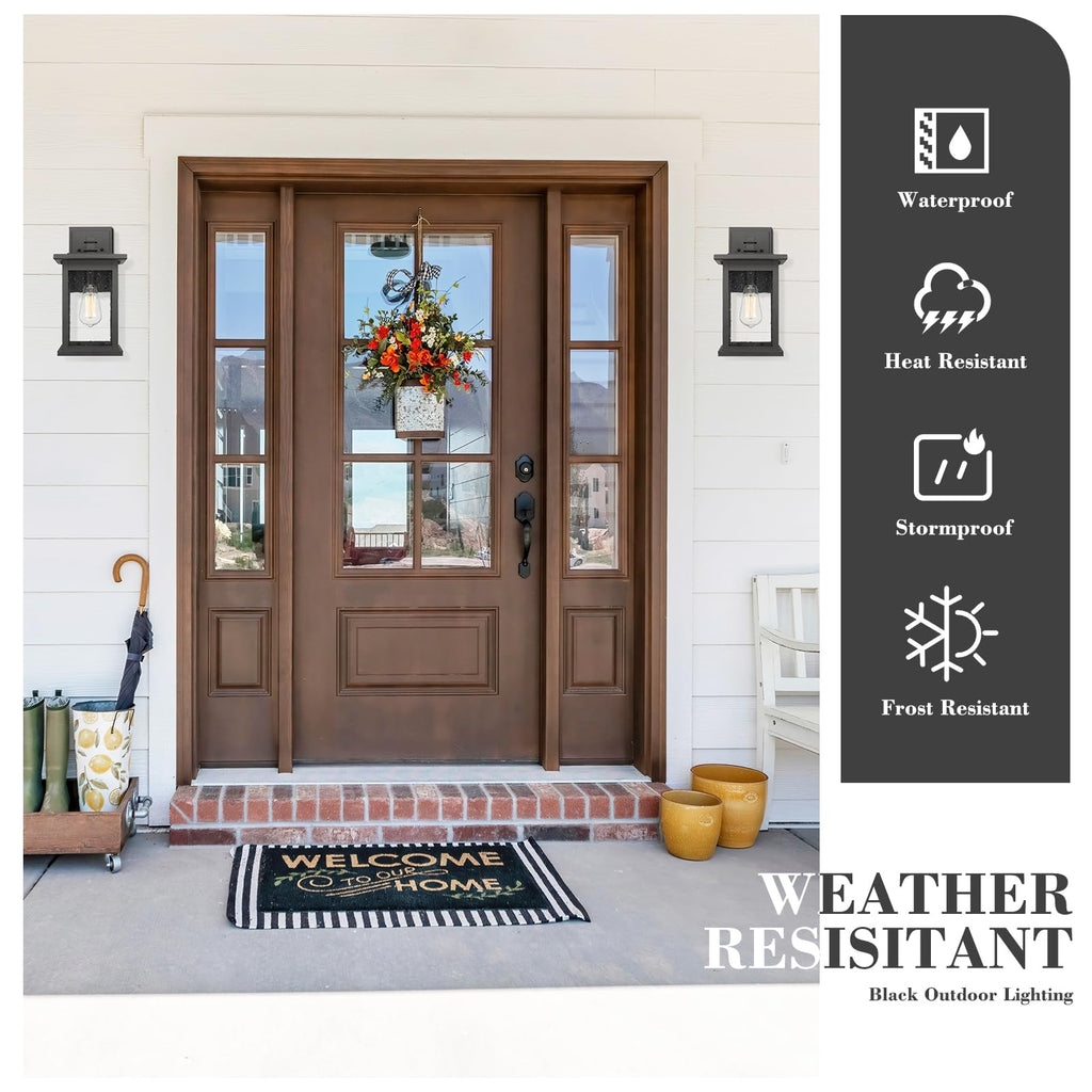 Outdoor Wall Sconce, 1-Light Exterior Wall Lantern in Black Finish with Clear Seeded Glass