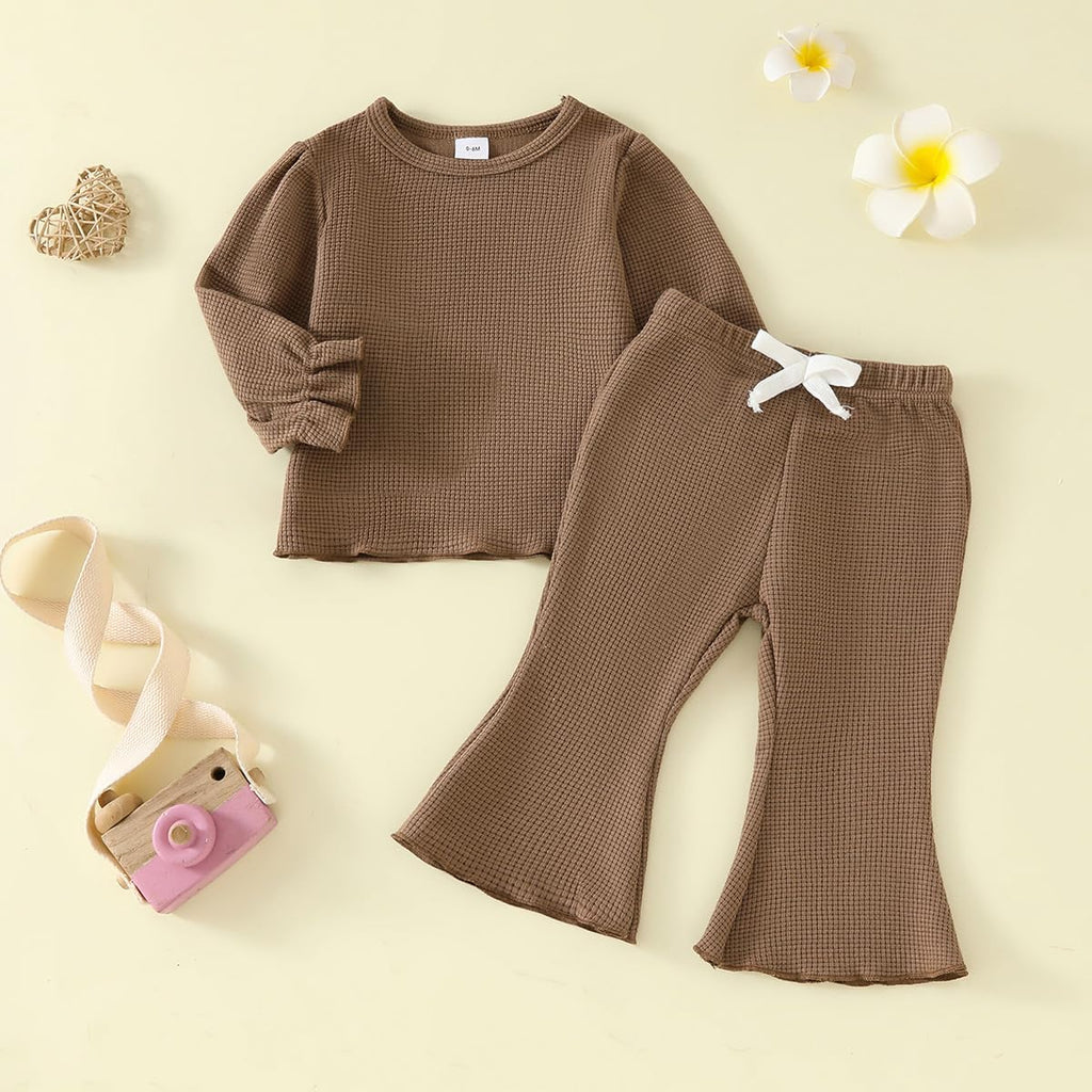 Toddler Girl Fall Outfits piece Baby Lantern Sleeve Shirt and Flared Pant Clothes Set Waffle Clothing for Girls
