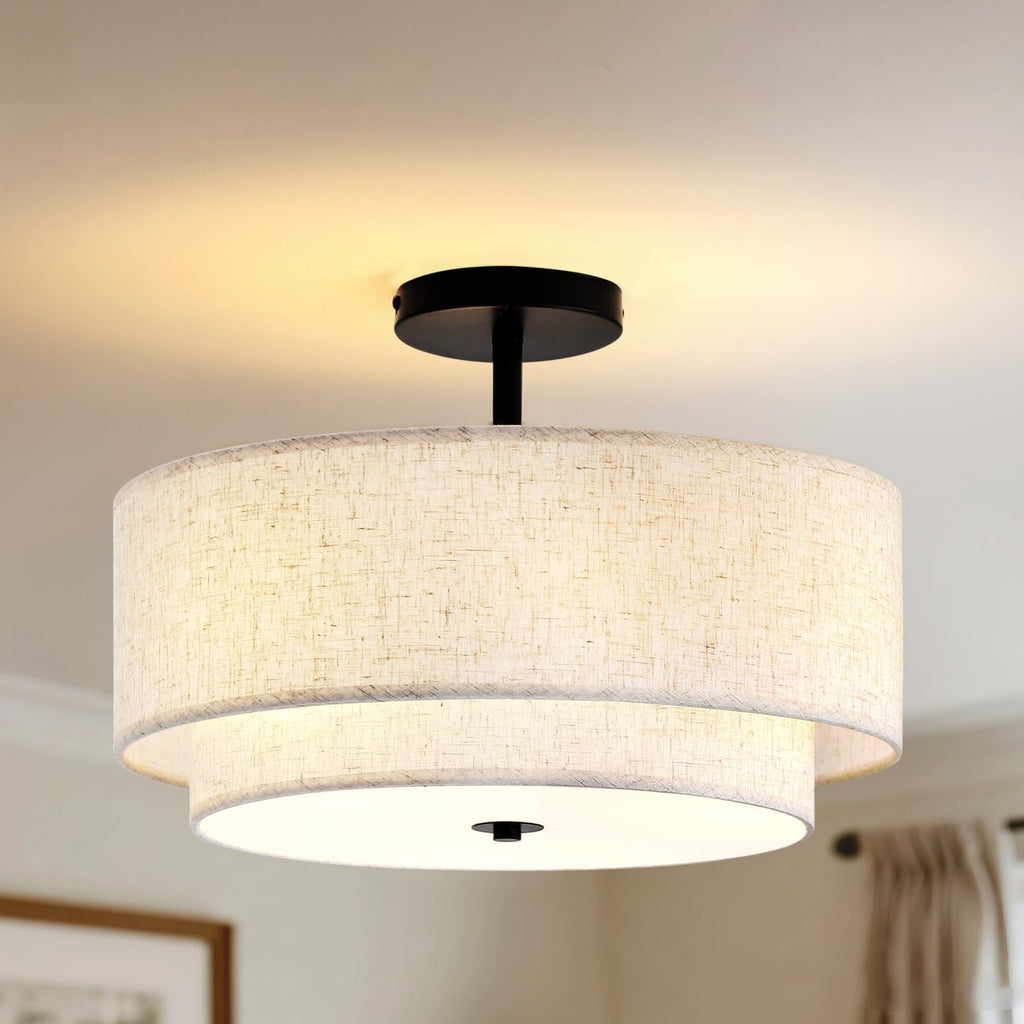 16" Double Drum 3-Light Semi Flush Mount Ceiling Light, Classic Fabric Linen Shade Design