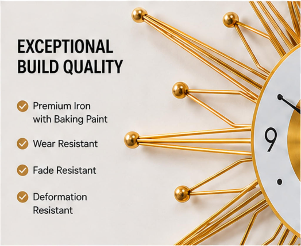 19.6 Inch Silent Large Wall Clock Decor, Gold Sunburst Starburst Wall Clocks Battery Operated Kitchen Office Home