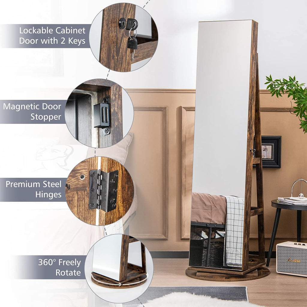 360° Swivel Jewelry Armoire with Full Length Mirror, Rear Storage Shelves, Lockable Standing Jewelry Cabinet