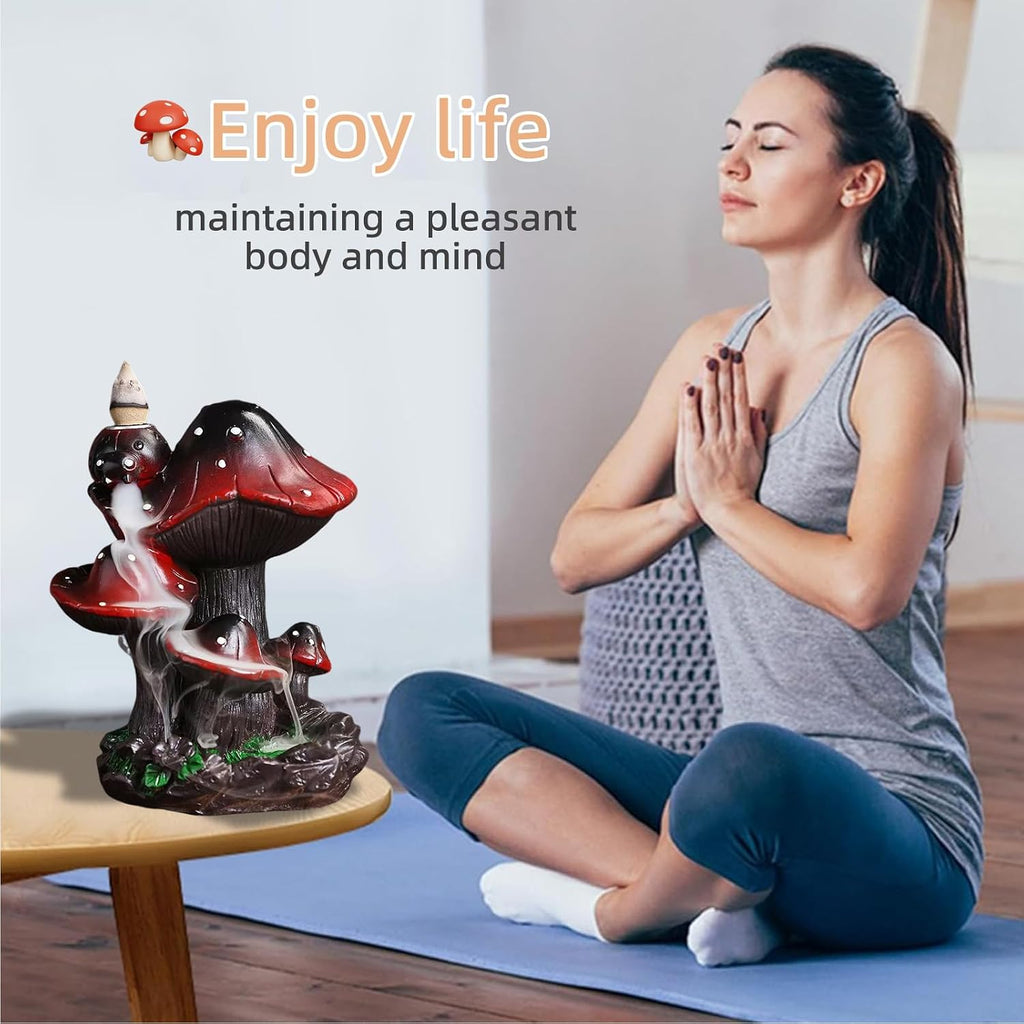 Mushroom Backflow Incense Holder - Ceramic Incense Cone Holder with 60 Backflow Incense Cones | Waterfall Incense