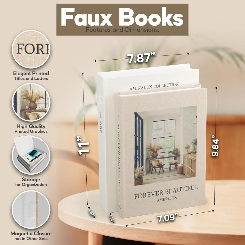 Decorative Books Decor with Storage - Set of 2 Faux Linen Book Boxes with Aesthetic Covers - Enhance Your Coffee