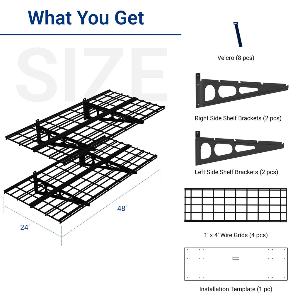 2-Pack 2x4ft 24-inch-by-48-inch Wall Shelf Garage Storage Rack Wall Mounted Floating Shelves, Black, Classic Series