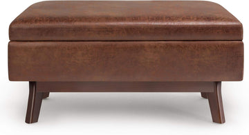 Owen 36" Wide Vegan Leather Lift Top Ottoman in Saddle Brown | Distressed saddle brown, mid-century modern lift-top