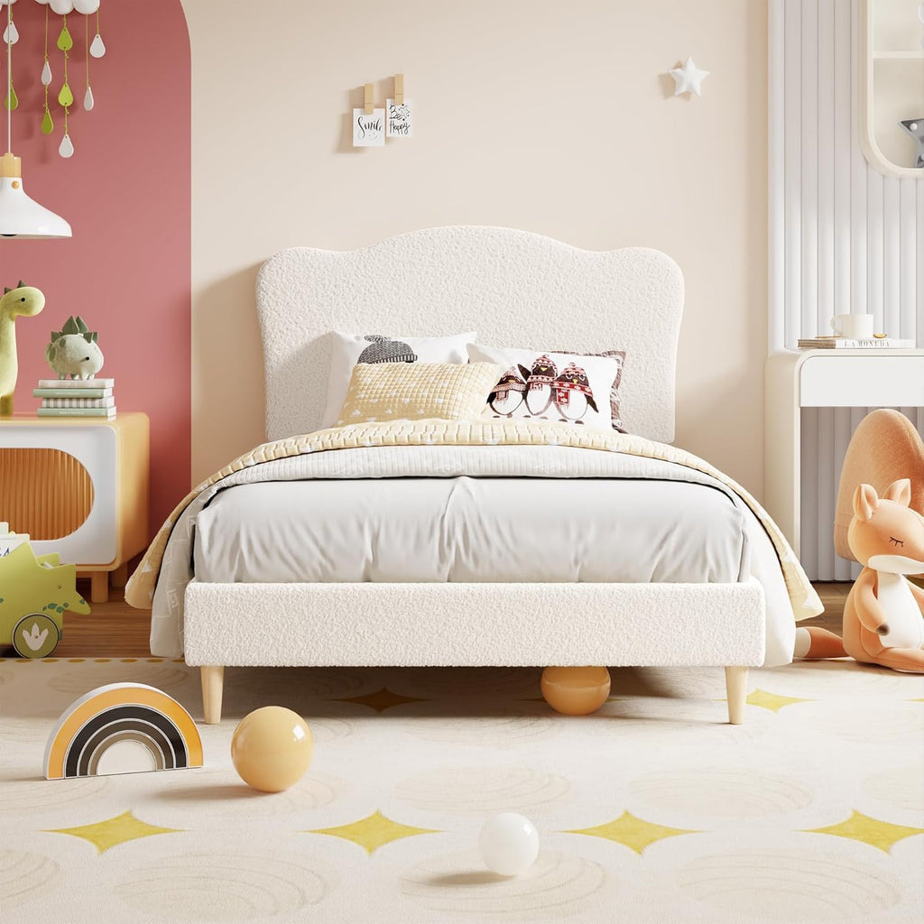 Upholstered Sturdy Twin Bed Frame for Kids, Girls, Boys, Beige | Scallop Headboard, Cute Velvet Platform Bed, No Box