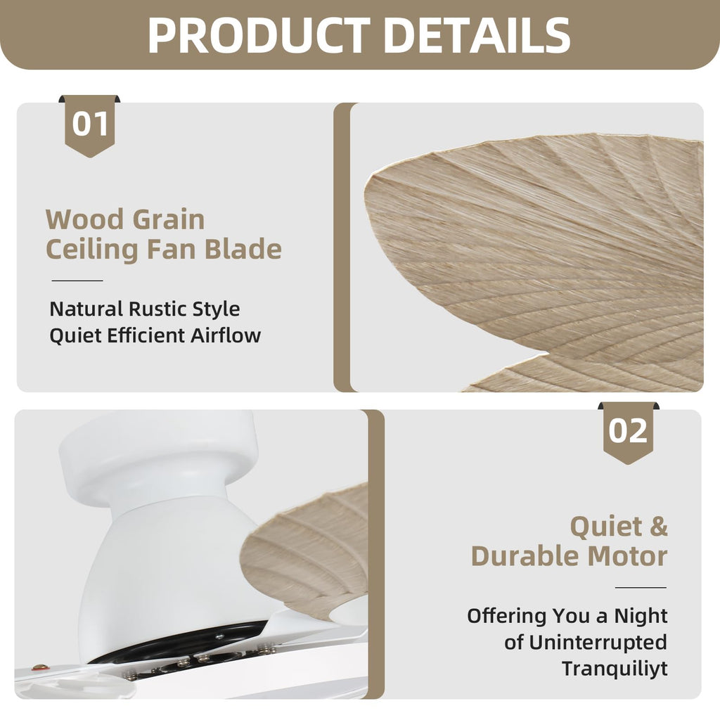 52 Inch Boho Palm Leaf Flush Mount Ceiling Fan with Light and Remote White Motor, Natural Wood Finish Blades, Quiet