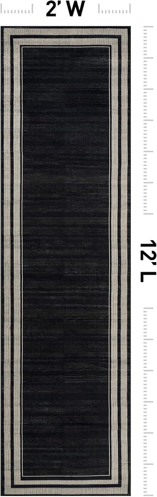 Striped Border Machine Washable Non-Slip Runner Rug, Black