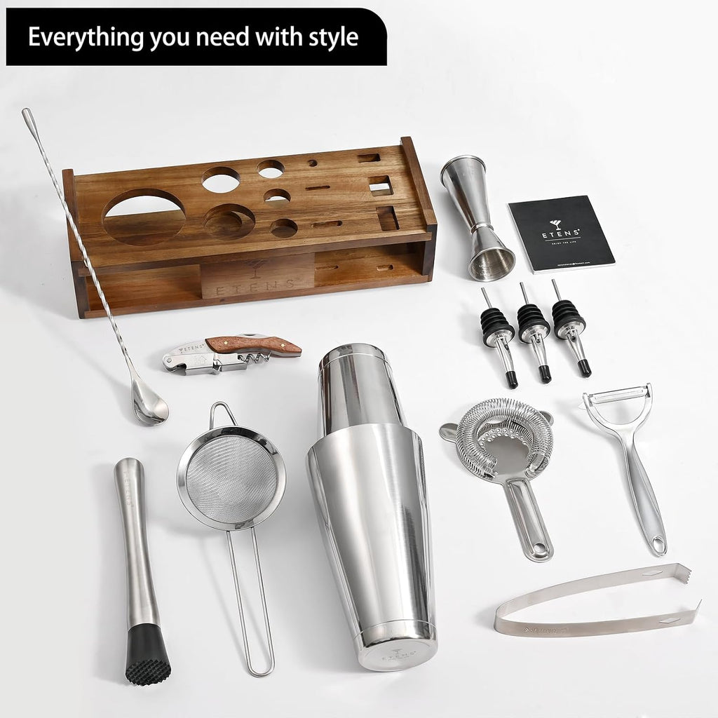 Premium 15-Piece Mixology Bartender Kit - Stainless Steel Cocktail Shaker Set with Wooden Stand | Professional Boston - Set of 15