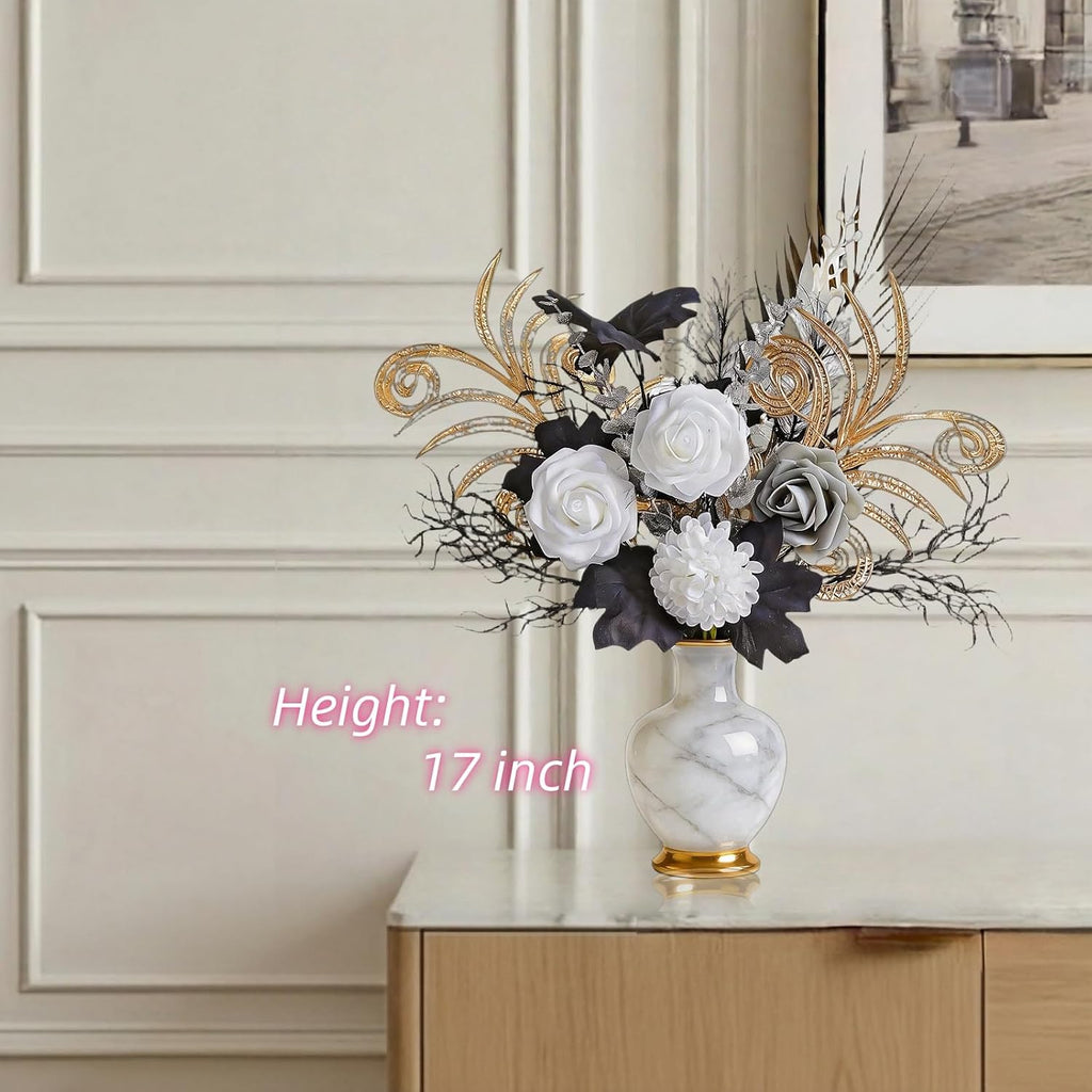 17" Gothic Metallic Texture Black Gold Bouquet,Artificial Silk White Rose - Set of 14