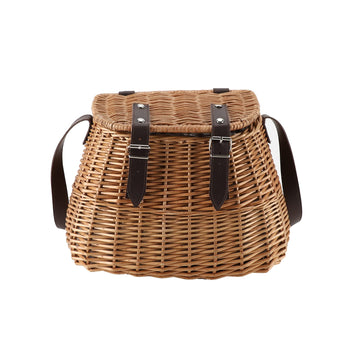 Wicker Picnic Fishing Creel Basket with Lid & Shoulder Strap