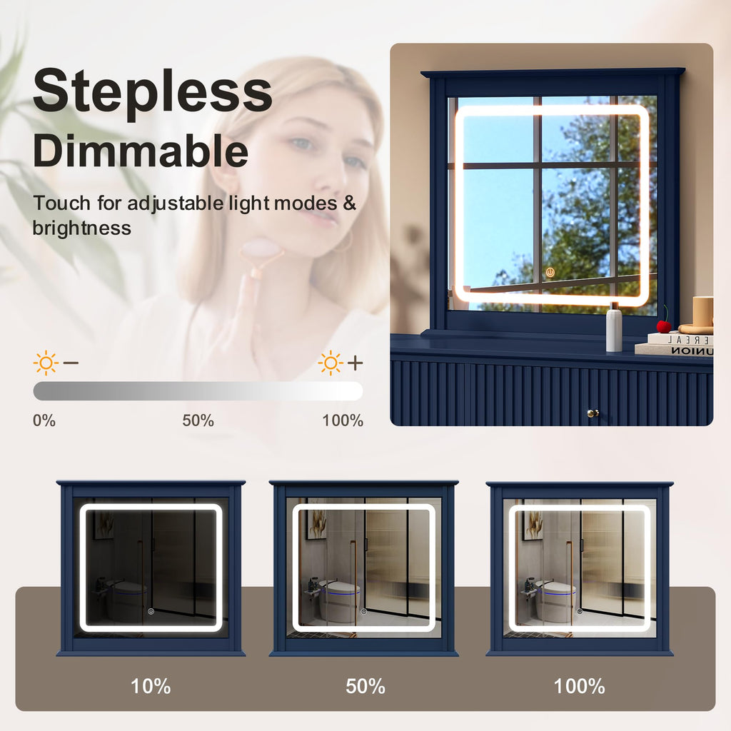 6 Drawer Dresser with Lighted Mirror, Blue Fluted Modern Wood Chest of Drawers, Long Dresser Storage