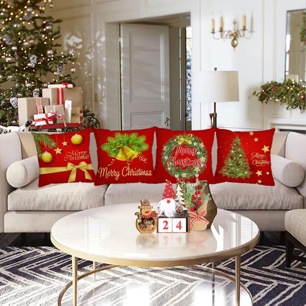 Merry Christmas Pillow Covers 18x18 Velvet Christmas Pillow Cases Red Green Xmas Winter Holiday Throw Pillow - Set of 4