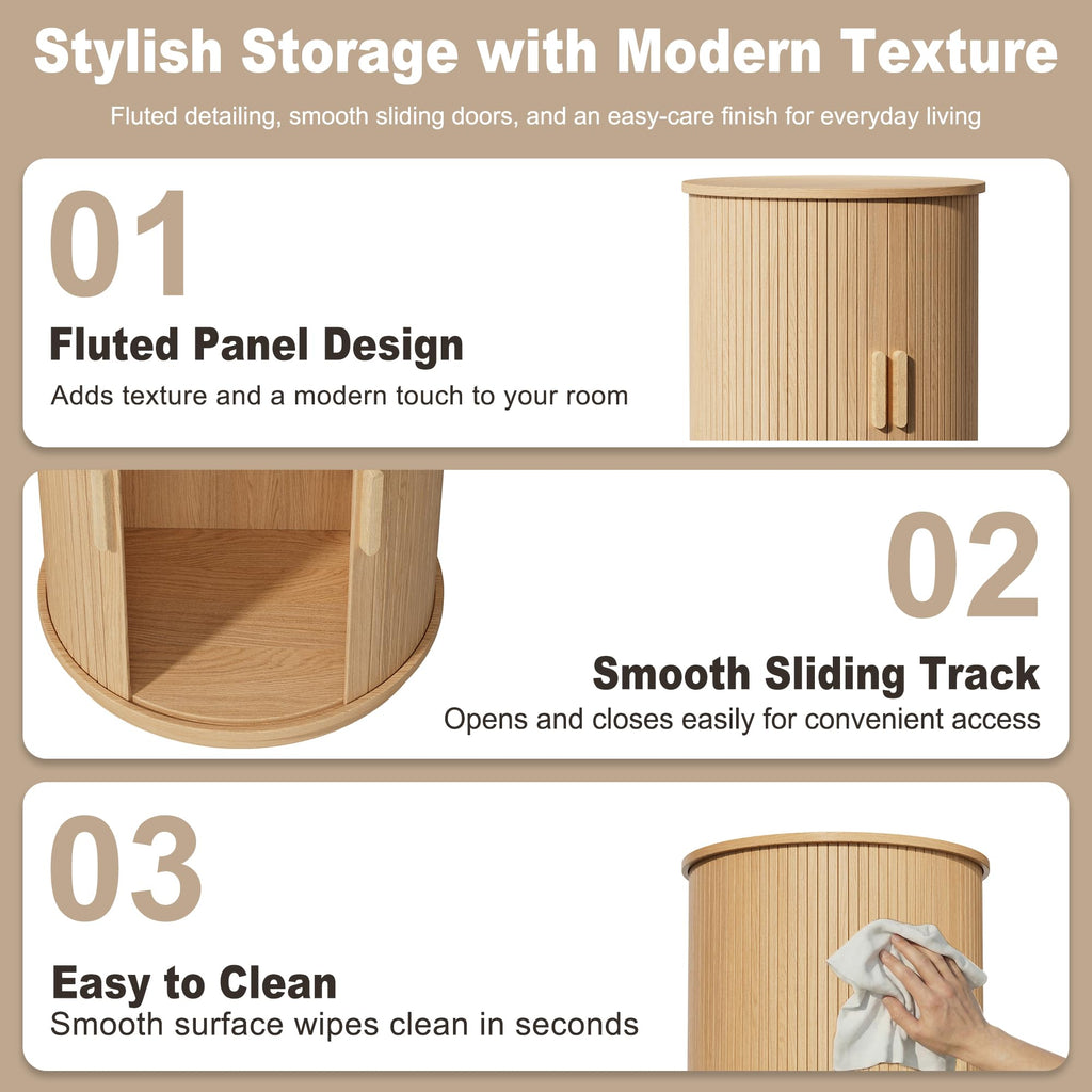 Side Table with Storage for Hoom, Round End Table with Sliding Tambour Door, Wood Night Stand Nightstand Bedside